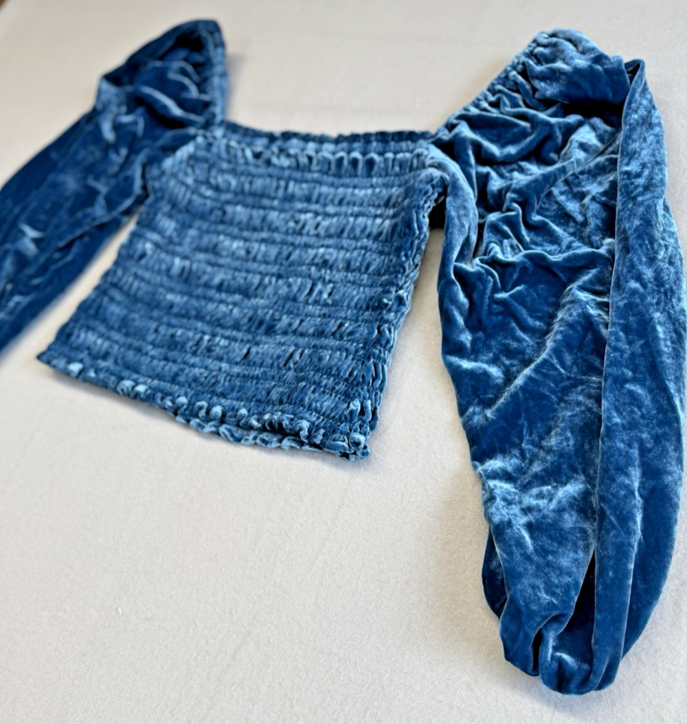 Anthropologie Smocked Crushed Velvet Puff Sleeve Top Blue Square Neck Blouse M